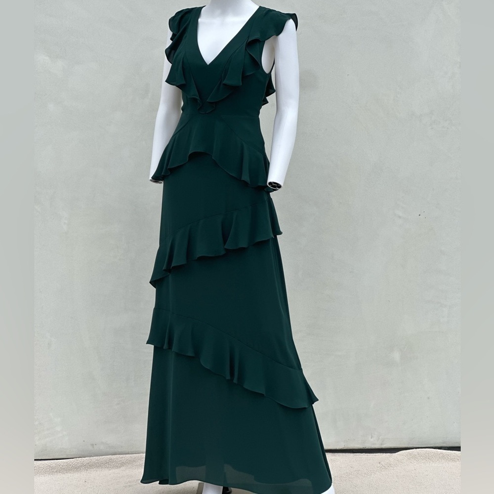 BCBG Max Azria NWT Ruffle Tiered Maxi Dress XXS Green Style JUF6Q674